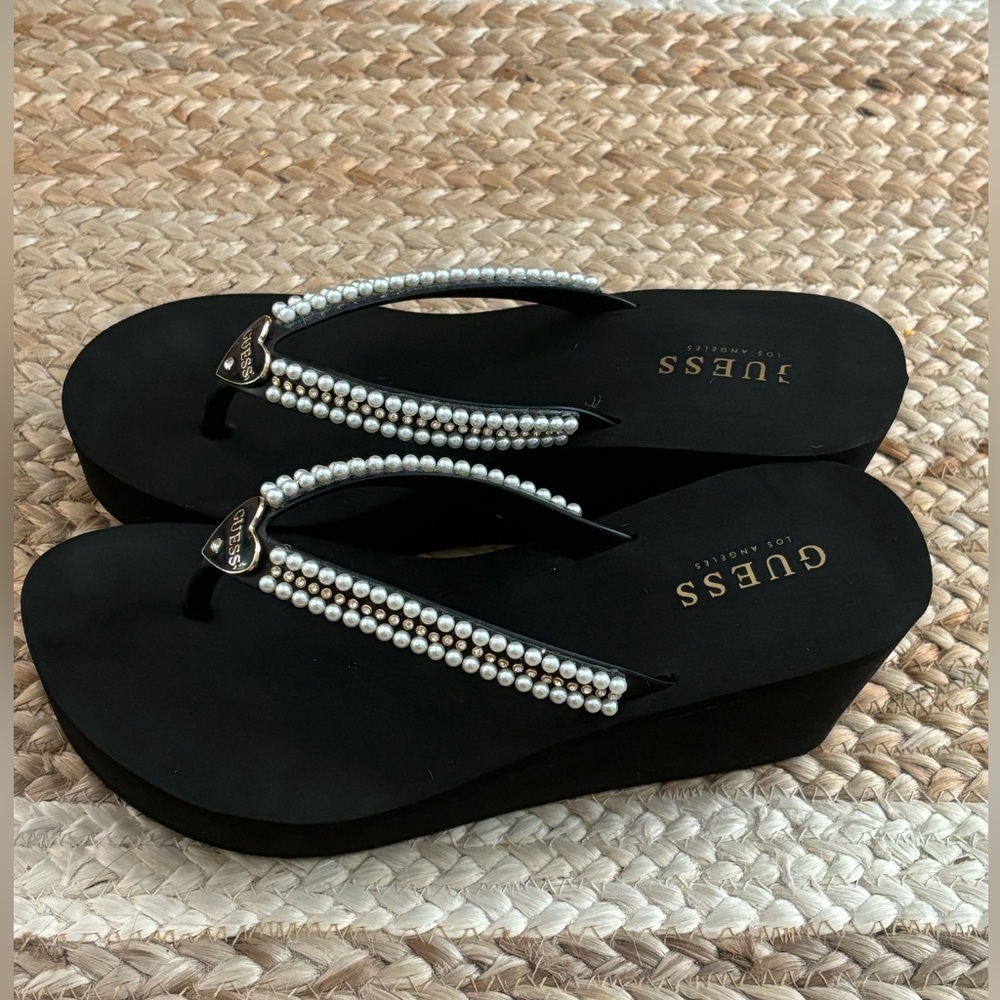 Pearl Embellished Platform Wedge Thong Sandals, size 9